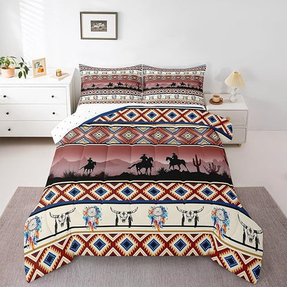 Horse Decor Western Comforter Set Twin,Farm Animals Quilt Indian Tribal Geometric Aztec Bedding Sets,Exotic Dream Catchers Feather Duvet Insert Farmhouse Western Room Decor,Red