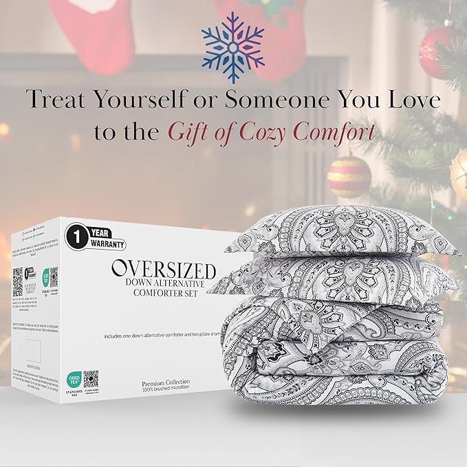 Southshore Fine Living, Inc. Oversized Full/Queen Size Comforter Bedding Set, Boho Bedding, Paisley Bedspread, Full Size/Queen Bed Comforter Set with 2 Matching Shams, Pure Melody Black