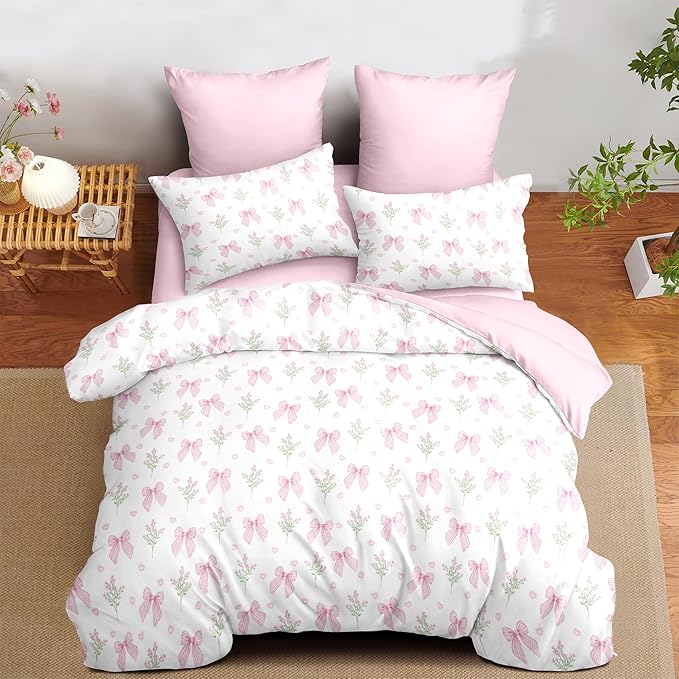 Nayoroom Pink Bow Comforter Set Queen Size Coquette Pink Floral Comforter 3 Pieces Soft Lightweight Kids Girls Cute Aesthetic Dorm Bedding Set for All Seasons