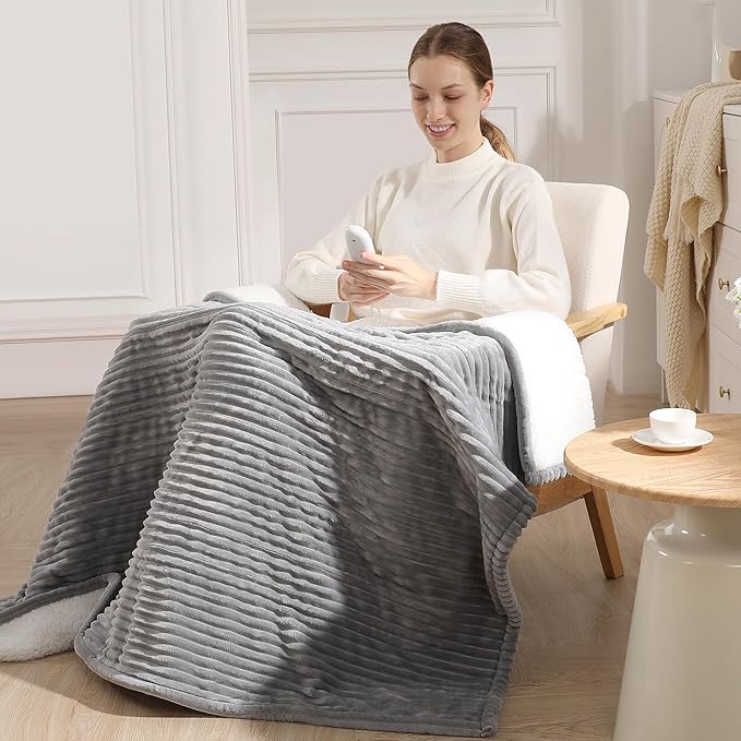 Electric Throw Heated Throw 50''x60'', Striped Flannel & Thicker Sherpa, 5 Heat Settings & 4 Hour Auto Off with FCC/ETL Certified, Overheat Protection & Machine Washable, Great Gift, Light Grey