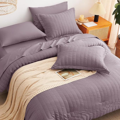 CozyLux Twin Comforter Set with Sheets 5 Pieces, Dusty Purple Seersucker Textured Bed in a Bag, Luxury Soft Bedding Set with Down Alternative Comforter, Sheets, Pillowcases & Shams for All Seasons