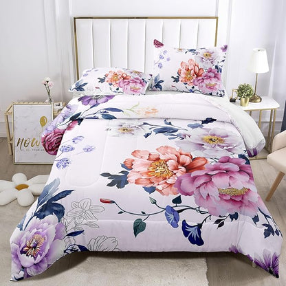 Raphus Cucullatus Purple Floral Comforter Set Queen, Pink Botanical Bedding, Cute Pretty Flower Quilt for Queen Bed