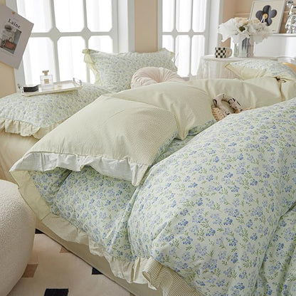 HighBuy Green Ruffle Comforter Set Queen Lace Edge Blue Flower Bedding Comforter Set Coquette Cottagecore Bedding Set with 1 Romantic Comforter 2 Lace Pillow Shams for Teen Girls All Seasons