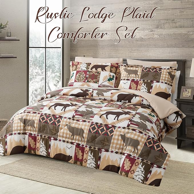 Comforter Set King Size Plaid Patchwork Comforter Bedding-7 Piece Bed in a Bag,Soft Reversible Bear Moose Microfiber Bedding Set(1 Comforter,1 Flat Sheet,1 Fitted Sheet,2 Pillowcases,2 Pillow Shams)