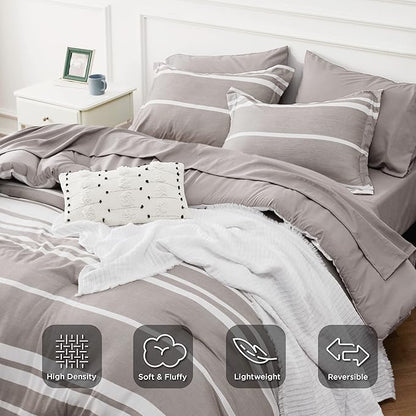 Bedsure Queen Comforter Set 7 Pieces, Taupe Striped Bedding Set for All Seasons, Reversible, Cationic Dyeing Bed in a Bag with Comforter, Sheets, Pillowcases & Shams