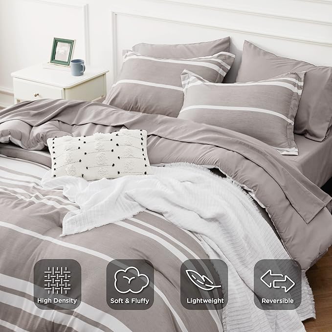 Bedsure King Comforter Set 7 Pieces, Taupe Striped Bedding Set for All Seasons, Reversible, Cationic Dyeing Bed in a Bag with Comforter, Sheets, Pillowcases & Shams