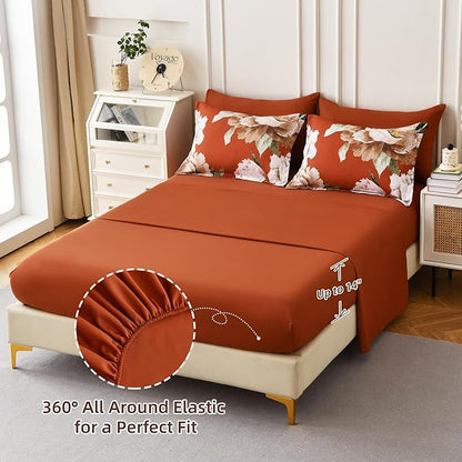 Dobuyly Burnt Orange Comforter Set King Size 7 Piece Bed in a Bag, Floral Printed on Terracotta Comforter Set with Sheets, Soft Microfiber Botanical Fall Bedding Set for All Season