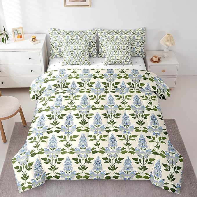 Feelyou Girls Flower Comforter Set with Sheets King Size 7 Pieces Kids Romantic Florals Pattern Bedding Set for Boys Women Teens Botanical Nature Garden Theme Bed in a Bag Room Decor