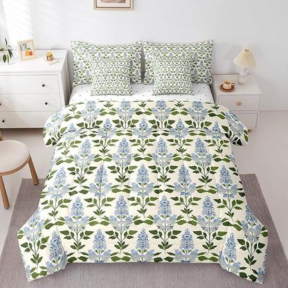 Feelyou Girls Flower Comforter Set with Sheets Queen Size 7 Pieces Kids Romantic Florals Pattern Bedding Set for Boys Women Teens Botanical Nature Garden Theme Bed in a Bag Room Decor