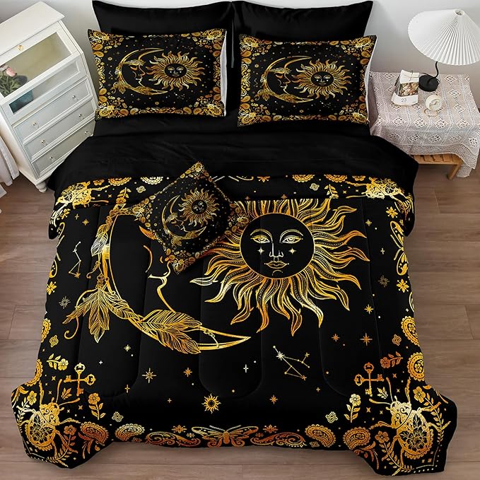Black Gold Comforter Sets Sun and Moon Bedding Gold Stars Starry Sky Galaxy Theme Boho Chic Bedding Comforter Paisley Floral Botanical Exotic Comforter King Bed in A Bag