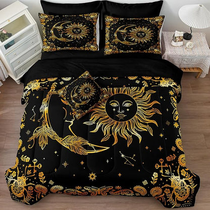 Black Gold Comforter Sets Sun and Moon Bedding Gold Stars Starry Sky Galaxy Theme Boho Chic Bedding Comforter Paisley Floral Botanical Exotic Comforter King Bed in A Bag