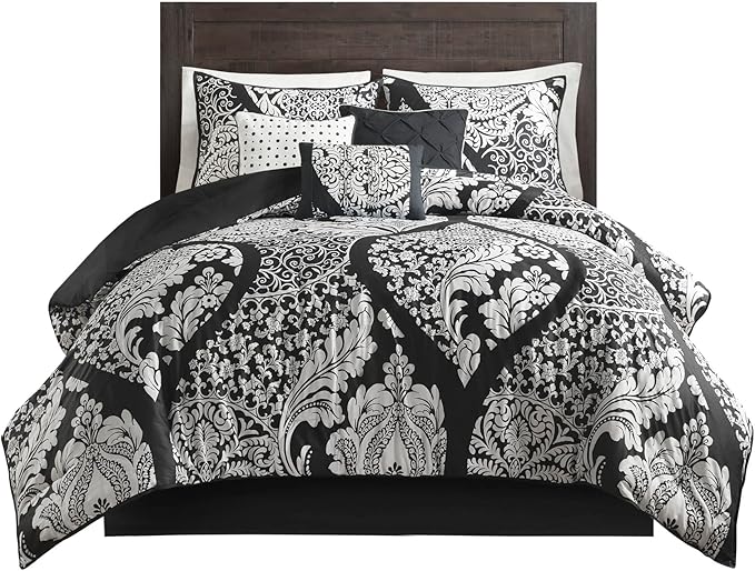 Madison Park Vienna Sateen Cotton Comforter Set, Breathable, Soft Cover, Trendy, All Season Down Alternative Cozy Bedding with Matching Shams, California King, Black 7 Piece
