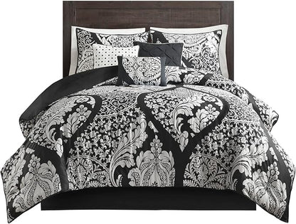 Madison Park Vienna Sateen Cotton Comforter Set, Breathable, Soft Cover, Trendy, All Season Down Alternative Cozy Bedding with Matching Shams, California King, Black 7 Piece