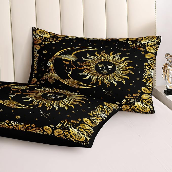 Black Gold Comforter Sets Sun and Moon Bedding Gold Stars Starry Sky Galaxy Theme Boho Chic Bedding Comforter Paisley Floral Botanical Exotic Comforter King Bed in A Bag