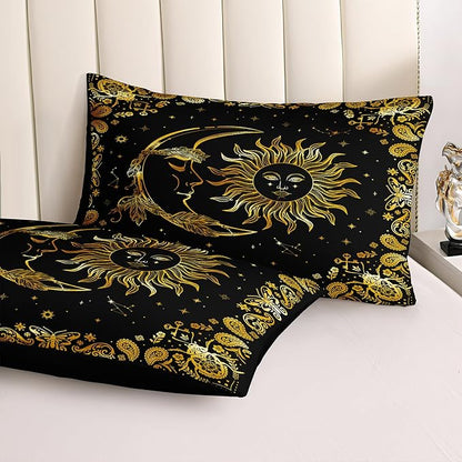 Black Gold Comforter Sets Sun and Moon Bedding Gold Stars Starry Sky Galaxy Theme Boho Chic Bedding Comforter Paisley Floral Botanical Exotic Comforter King Bed in A Bag