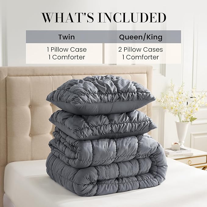 Amélie Home Twin Comforter Set, 2 Pieces Grey Bubble Bedding Set for All Season, Ultra Soft Cozy Comforter, Farmhouse Luxury Gift for Women Home Decor