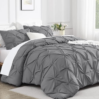 Andency Gray Pinch Pleat Comforter Twin(66x90Inch), 2 Pieces(1 Grey Pintuck Comforter and 1 Pillowcase) Microfiber Down Alternative Bedding Set