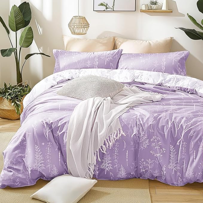 Love's cabin Lavender Comforter Set Queen - Queen Size Comforter Set, 3 Pieces Cute Floral Bedding Sets for All Seasons,1 Soft Reversible Botanical Flowers Comforter and 2 Pillow Shams