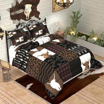 Highland Cow Comforter Sets for Kids Adults,3D Pattern with Dark Brown Colors,Decorative Bedding Comforter Sets with 2 Pillow Shams, Queen Size