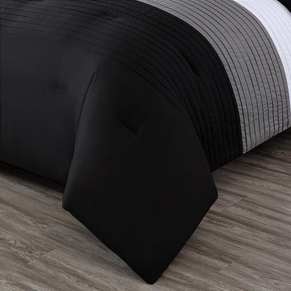 Chezmoi Collection Briar 7-Piece King Bed in a Bag - All Season Lightweight Microfiber Comforter Set - Includes Sheets & Shams - Black/Gray/White Pleated Stripe Design