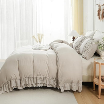 Herside Beige Ruffle Comforter King Size,Shabby Chic Boho Bedding Set,2 Layers Ruffles Fluffy Vintage Comforter Home Decor,Farmhouse 3 Pcs Microfiber Lightweight Quilt Set for Women Girls