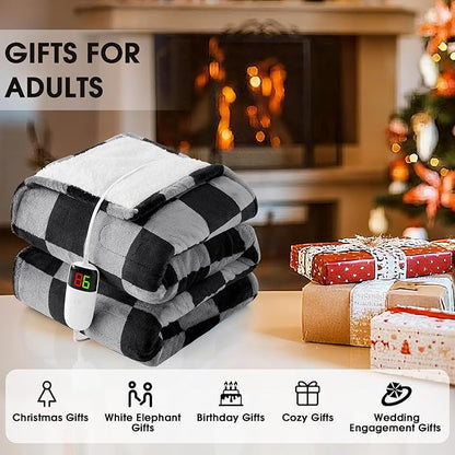 Heated Electric Blanket Throw, 50X60 Heating Blanket with 10 Heat Level & 8 Hours Auto Off for Lap, Black Gray Checkered Plaid Soft Sherpa Blankets Warmer Gifts for Couch Grandma Women Adults
