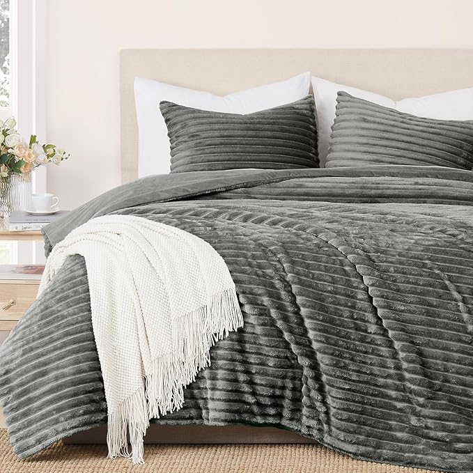 Geniospin Fleece King Size Comforter Set, Soft Fuzzy Fleece King Bedding Set, 3-Pieces Grey Comforter Set for All Season, Warm Fluffy Comforter with 2 Pillow Cases
