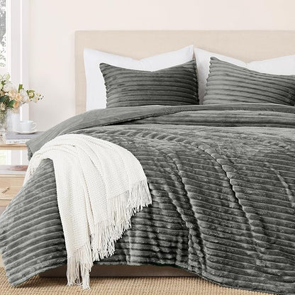 Geniospin Fleece King Size Comforter Set, Soft Fuzzy Fleece King Bedding Set, 3-Pieces Grey Comforter Set for All Season, Warm Fluffy Comforter with 2 Pillow Cases