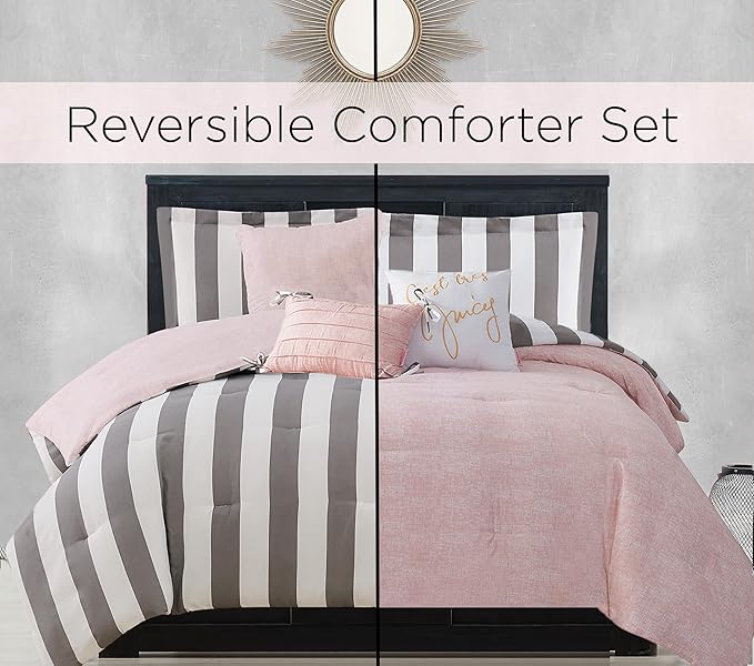 Juicy Couture – Comforter Set, Cabana Stripe Design, Twin Bedding, 5 Piece Set Includes 1 Comforter, 1 Sham and 3 Decorative Pillows, 100% Microfiber Polyester, Wrinkle Resistant