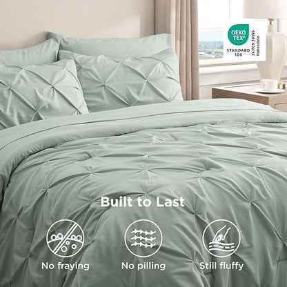 Bedsure Queen Comforter Set Sage Green - Bed in a Bag Queen Size Bedding 7 Pieces, GentleSoft™ Pintuck Bed Set Gift for Family, Pinch Pleat All Season Comforter with Sheets, Pillowcases & Shams