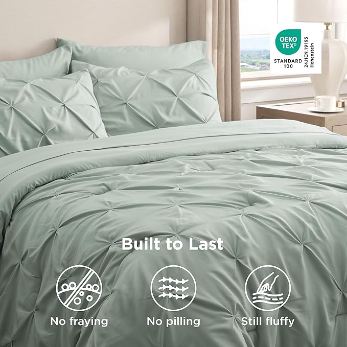 Bedsure California King Comforter Set - Bed in a Bag Cal King Bedding Set 7 PCS, GentleSoft™ Pintuck Bed Set Gift for Family, Pinch Pleat Sage Green Comforter with Sheets, Pillowcases & Shams