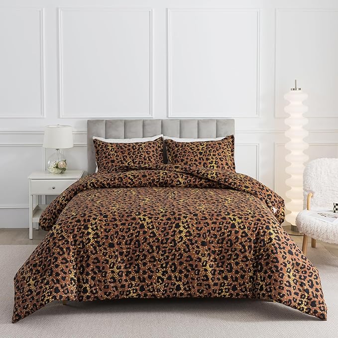 Caressma Safari Leopard Cheetah Print Brown Comforter Set, Full Size 3 Pieces for All Seasons, Untamed Wilderness Style Comforter with Pillowshams, Ultra Soft Microfiber