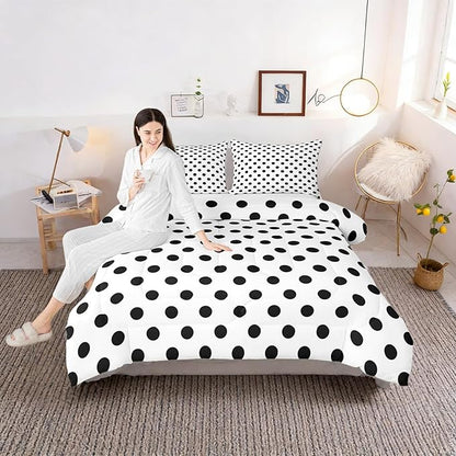Manfei Black Polka Dots Comforter Set Twin Size,French Style Dots Cartoon Cute Bedding Set 2 Pcs for Boys Girls,Geometric Circles Black White Simple Art Comforter,1 Pillowcase