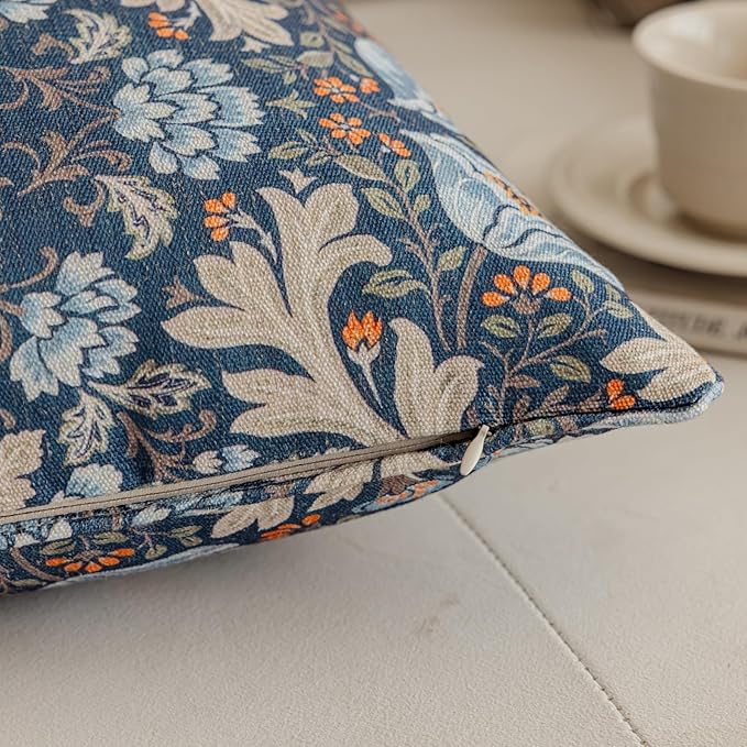 Throw Pillow Covers with Insert Included, with Embroidered Detail, 18 x 18 inches, Decorative Throw Pillow for Sofa Couch Bed (Navy Blue Floral, 18" L x 18" W)