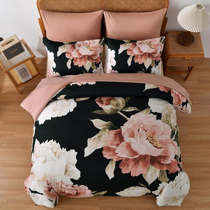 Dobuyly California King Comforter Set 7 Piece Bed in a Bag, Pink Floral Printed on Black Comforter Set with Sheets, Soft Microfiber Botanical Cal King Bedding Set for All Season