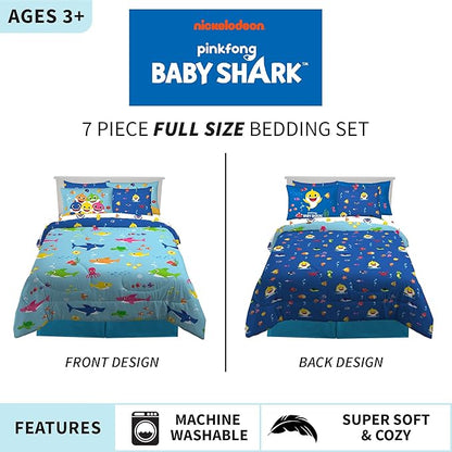 Franco Kids Bedding Super Soft Comforter and Sheet Set with Sham, 7 Piece Full Size, Baby Shark