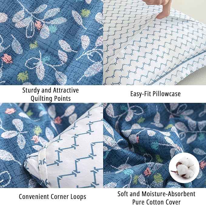 Blue Floral Cotton Comforter King Size - White Leaves with Delicate Soft Green & Blush Floral Print, Blue Chevron on White Reverse – 3PC Lightweight Bedding Set with Soft Fill(104"×90")