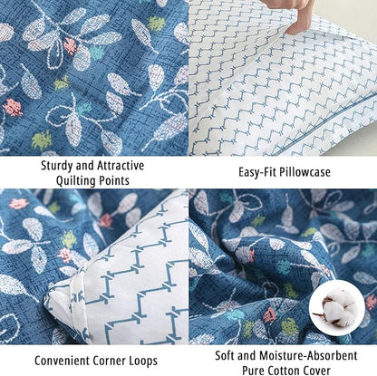 Blue Floral Cotton Comforter King Size - White Leaves with Delicate Soft Green & Blush Floral Print, Blue Chevron on White Reverse – 3PC Lightweight Bedding Set with Soft Fill(104"×90")