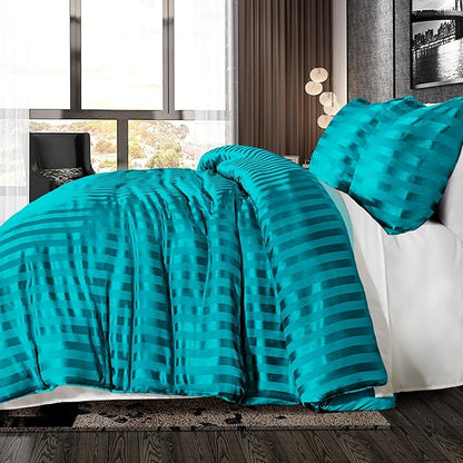 Whale Flotilla 3-Piece Reversible Silky Soft King Size Comforter Set, Luxury Stripe Satin Oversized Comforter Bedding Set with 2 Satin Pillowcases, Lightweight Duvet Set for All Seasons, Turquoise
