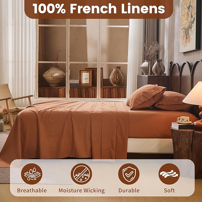 100% Linen Sheets Queen Size,Breathable & Durable 4-Piece Bed Flax Sheet Set,Soft All-Season Bedding for Hot Sleepers 16" Deep Pocket Oeko-TEX Certified,（Queen, Brown）