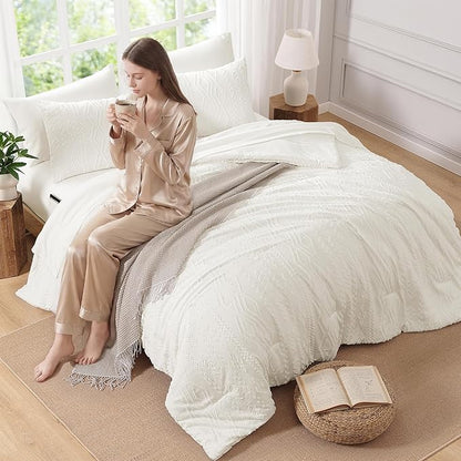 Full Size Comforter Set White, Tufted Boho Bedding Farmhouse Bed Set, All Season 7 Pieces Bed in a Bag with Sheets, Pillowcases & Shams