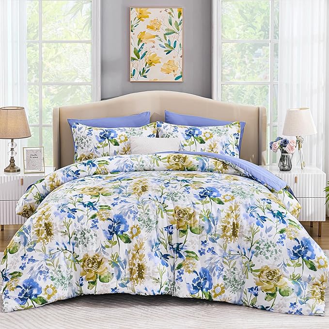 Luxudecor Floral Comforter Set King Size 7 Pieces Bed in a Bag, Blue Flower Watercolor Bed Set, Soft Comforter with Sheet Set 104"x90"