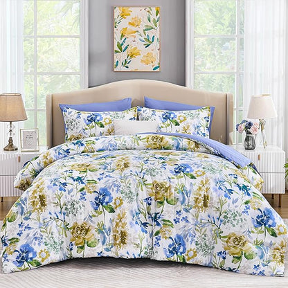 Luxudecor Floral Comforter Set King Size 7 Pieces Bed in a Bag, Blue Flower Watercolor Bed Set, Soft Comforter with Sheet Set 104"x90"
