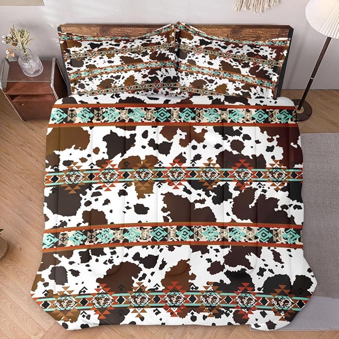 Queen Size Comforter Set with 2 Pillowcases, Vintage Retro Animal 3 Pcs Bedding for Kids and Adults, Cow Brown Cowhide Soft Comforter Set for Bedroom Bed Decor
