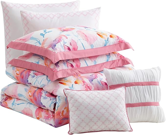 King Size Comforter Set 7 Piece Ultra Soft Fashion Printed Bedding Sets with Shams, Decorative Throw Pillows, and Pillowcases, King, Melrose