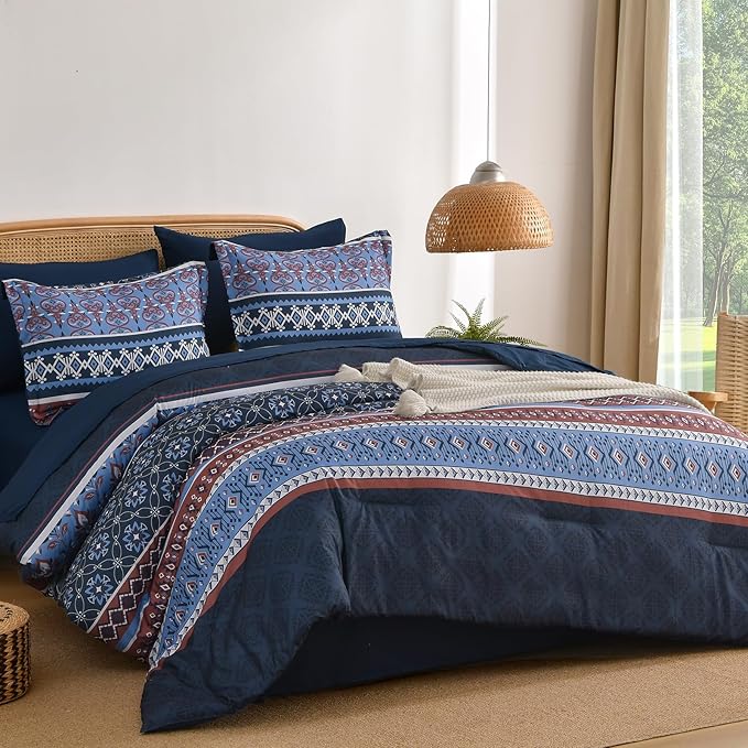 Comforter Set King Size Boho,7 Pieces Bohemian Bedding Comforter Set Striped Bed in a Bag,Navy Blue Paisley Floral Comfortet and Sheet Set,Soft Microfiber Bedding Sets for All Season