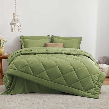Love's cabin Full Comforter Set Olive Green, 7 Pieces Full Bed in a Bag, All Season Bedding Sets with 1 Comforter, 1 Flat Sheet, 1 Fitted Sheet, 2 Pillowcase and 2 Pillow Sham