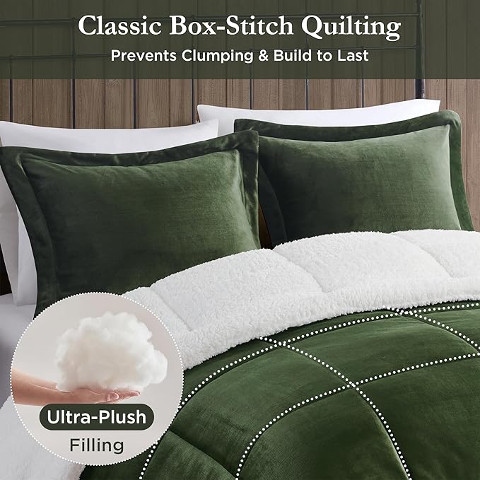 Woolrich Reversible Comforter Set Ultra Soft Plush to Sherpa, Down Alternative, Cold Weather Winter Warm Bedding, with Matching Sham, Decorative Pillow Green/Ivory King 4 Piece