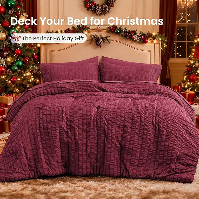 Love's cabin Seersucker Burgundy Queen Comforter Set, 7-Piece All Season Lightweight Bed in a Bag Bedding Set with Comforter, Flat Sheet, Fitted Sheet, Pillowcases and Shams | Soft, Breathable, Lightweight