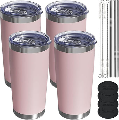 Travel Coffee Tumbler 20oz, 4 Pack Leakproof Travel Coffee Mug with Lid and Straw, Stainless Steel Double Wall Vacuum Insulated Tumbler for Hot/Iced Drinks (Textured Matte, Soft Pink)